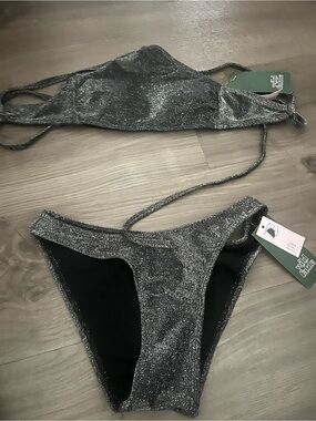 PrettyLittleThing Black and Silver Shimmer Bikini Set